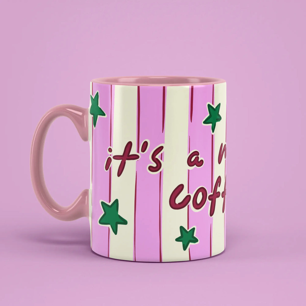 Mum’s Coffee Mug with green stars and a pink handle on the left