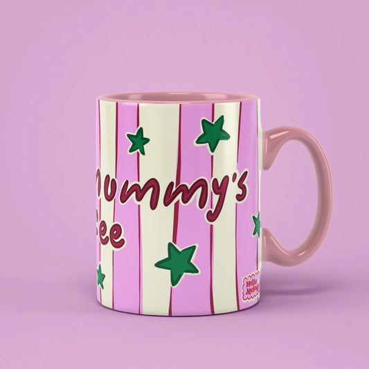 Mum’s Coffee Mug with pink stripes, green stars and a pink handle