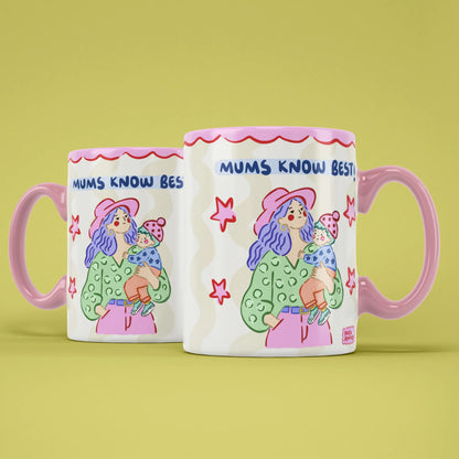 Two Mums Know Best mugs showing both sides of the colourful design