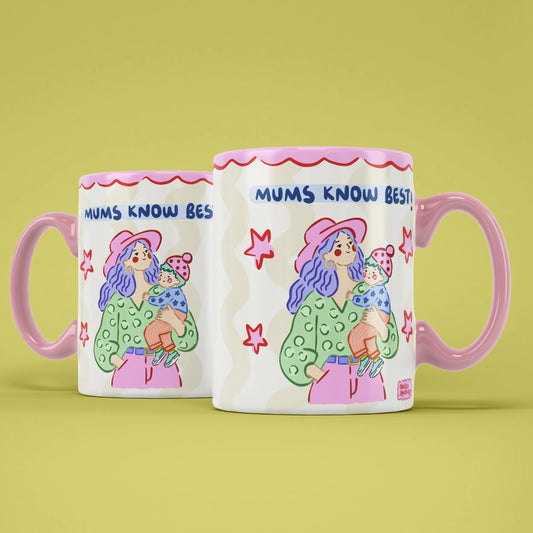Two Mums Know Best mugs showing both sides of the colourful design