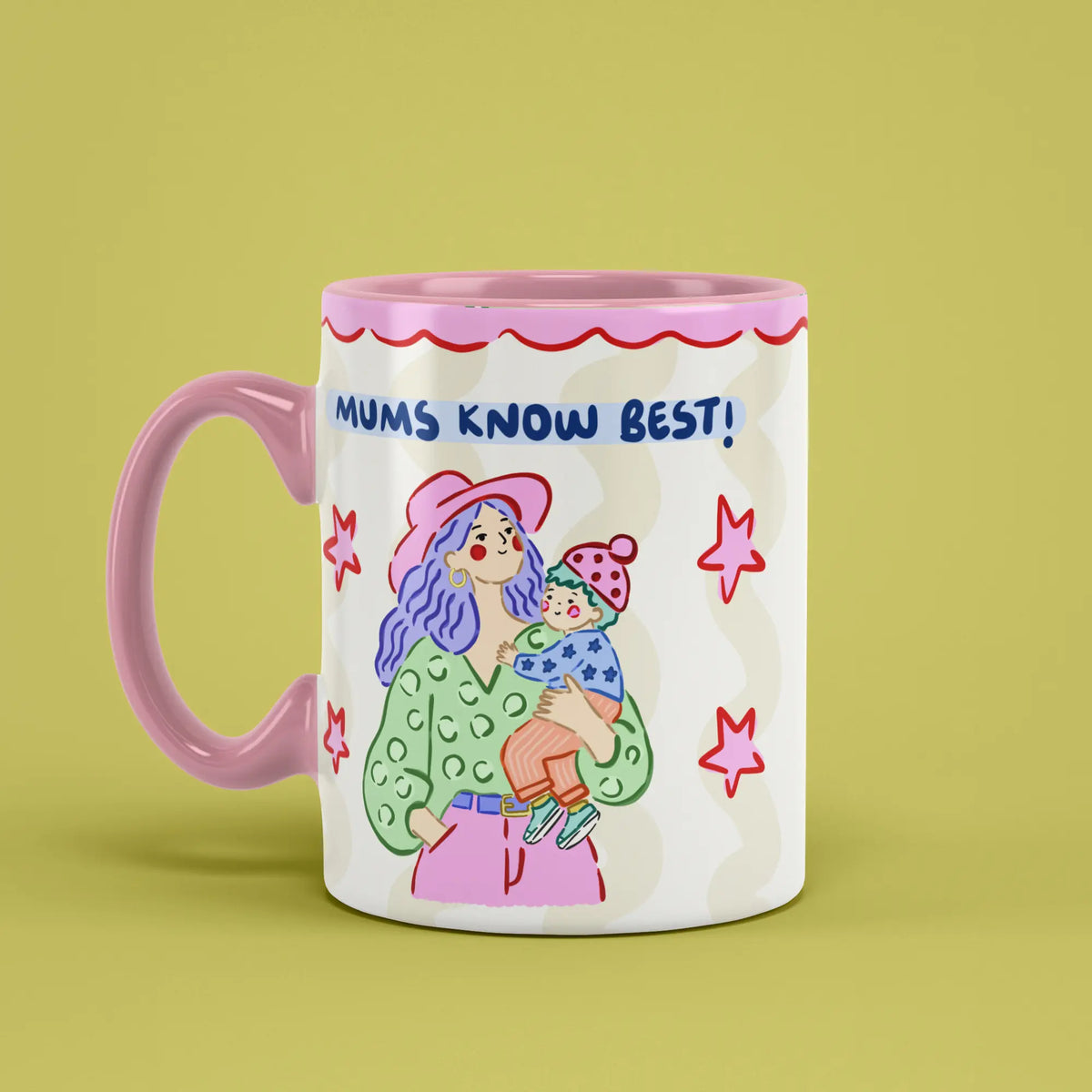 Mums Know Best Mug with illustrated figures and a pink handle on the left
