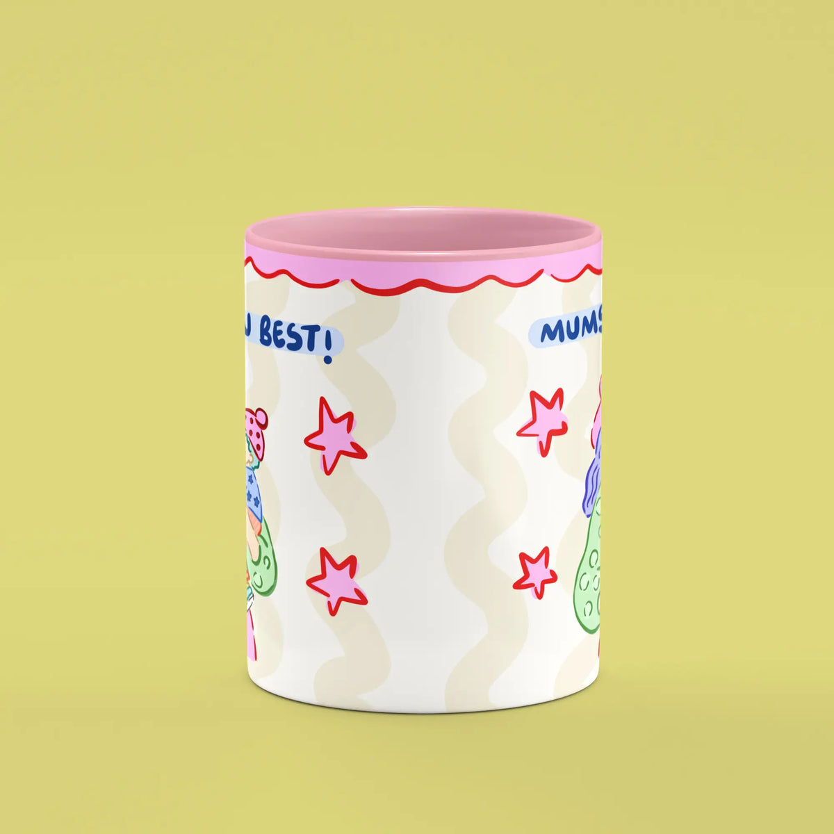 Front view of the Mums Know Best Mug showing the playful mum illustration