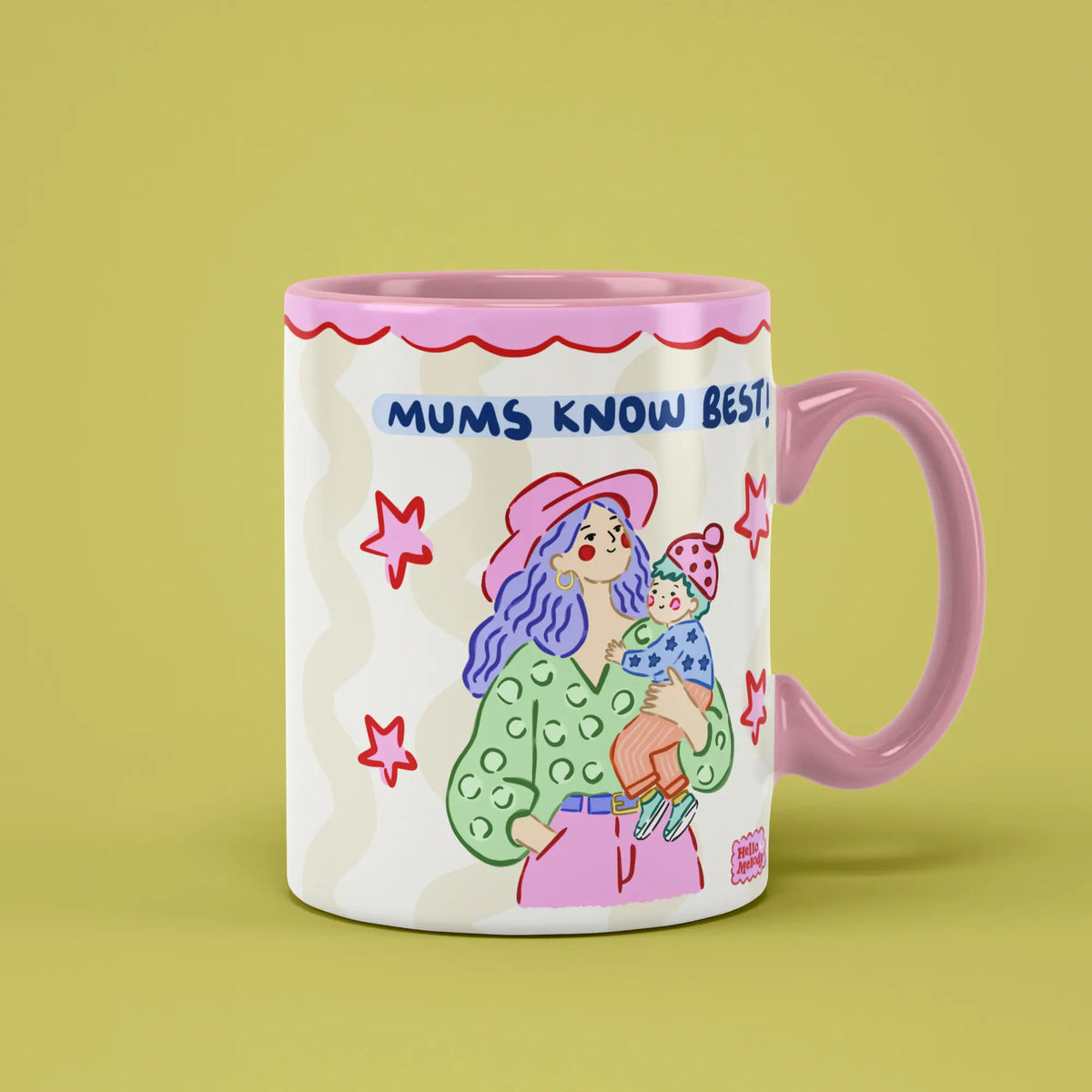 Mums Know Best Mug with illustrated mums, stars and a pink handle