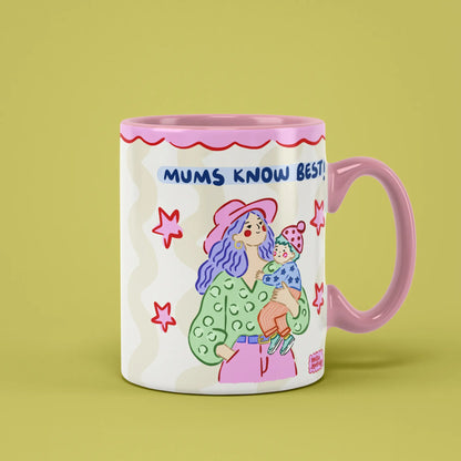 Mums Know Best Mug with illustrated mums, stars and a pink handle