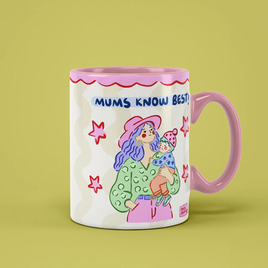 Mums Know Best Mug with illustrated mums, stars and a pink handle