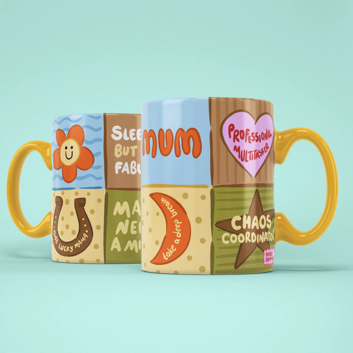My Mum Mug shown from both sides with patchwork design