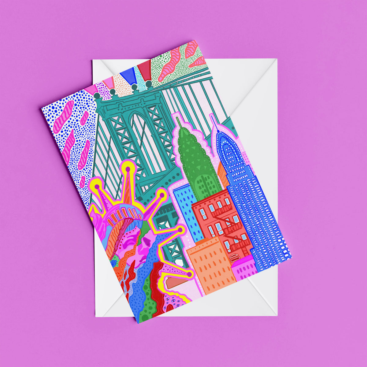 New York print – flat lay mock-up showing the colourful illustrated design