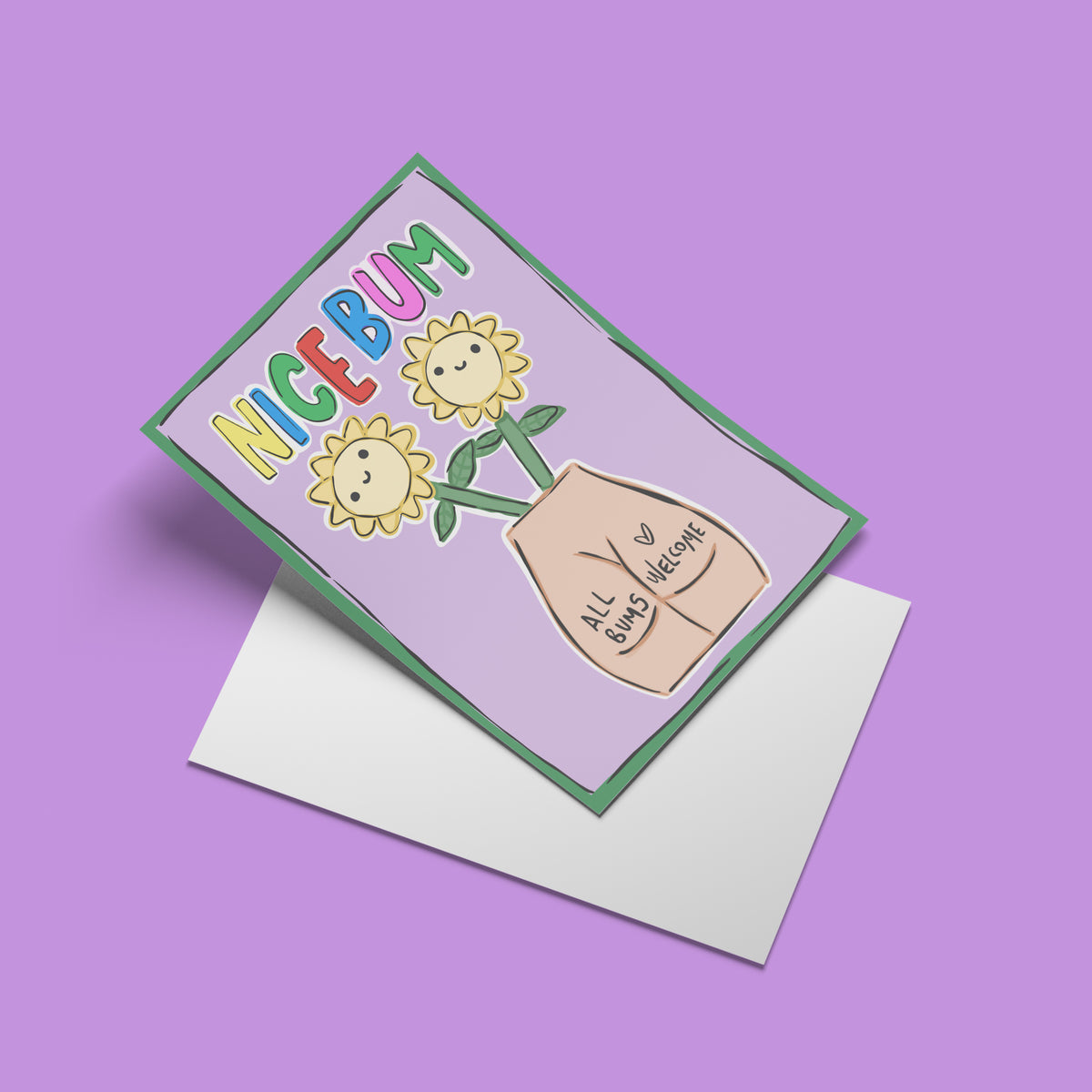 Nice Bum print – angled mock-up with envelope