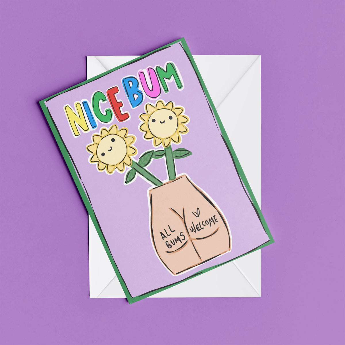 Nice Bum print – flat lay mock-up showing the colourful illustrated design