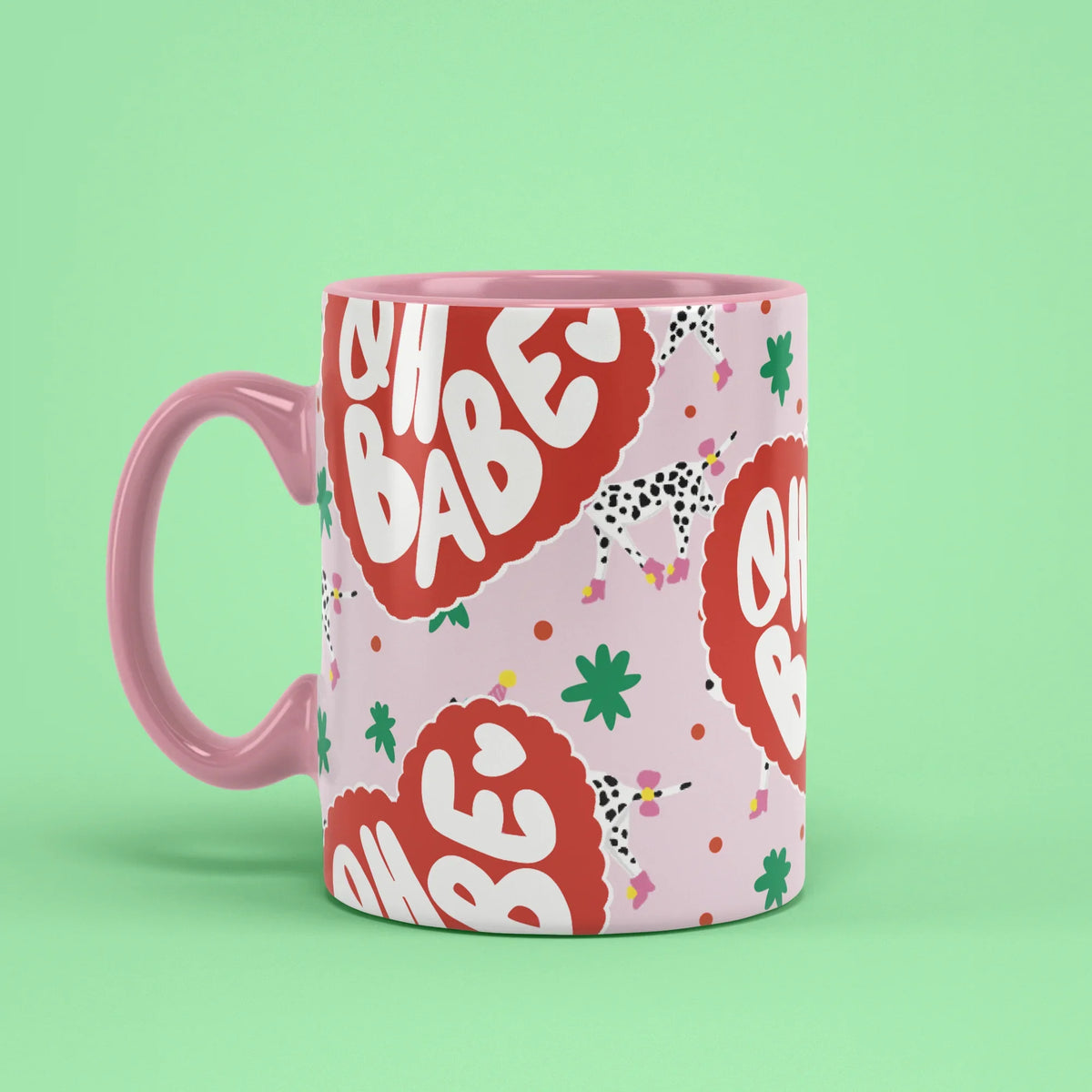 Oh Babe Mug – flirty cup with pink handle on left