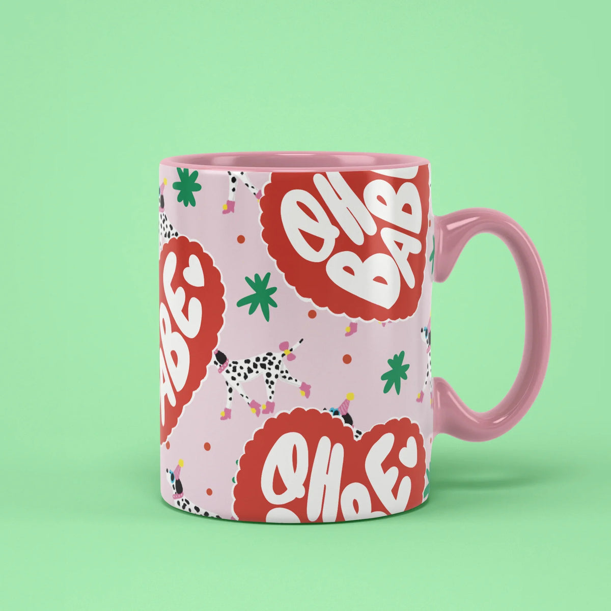 Oh Babe Mug – hearts and dalmatian spots, pink handle on right