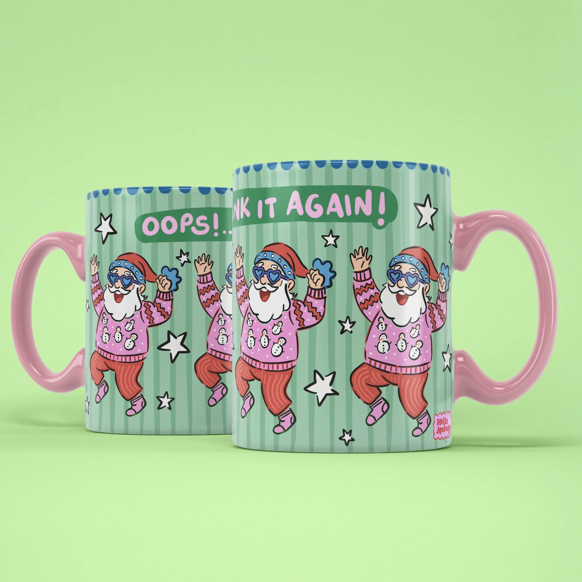 Oops Santa Mug – two mugs showing front and back of the funny Santa design