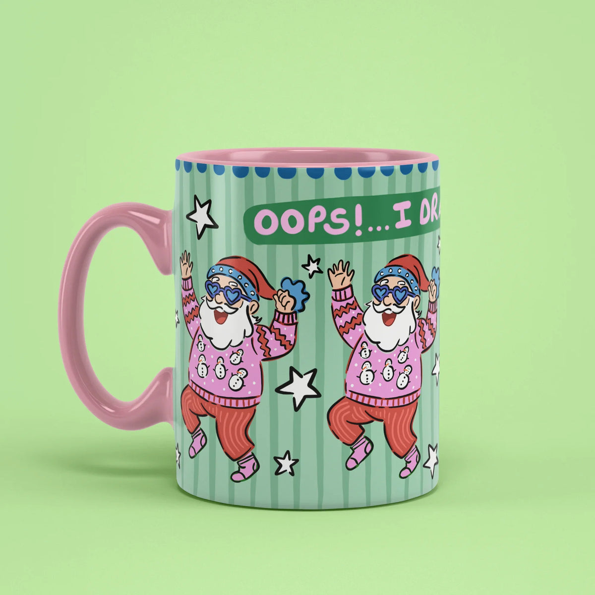 Oops Santa Mug – funny Christmas cup with pink handle on left