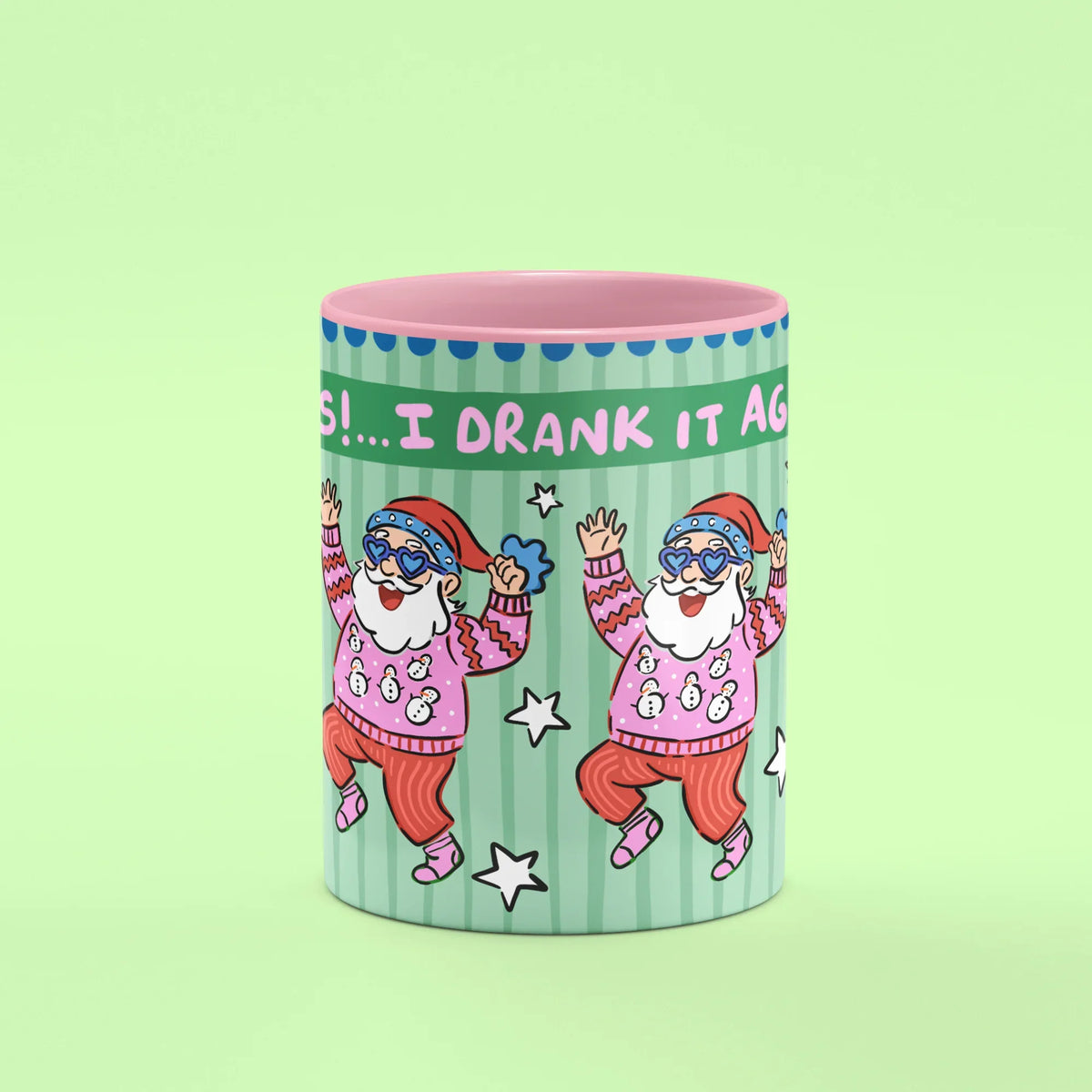 Oops Santa Mug – front view of Santa mid-dance with Oops lettering