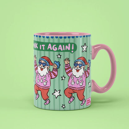 Oops Santa Mug – dancing Santas in heart sunglasses, pink handle on right