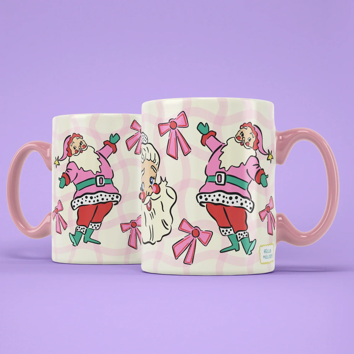 Pink Santa Mug – two mugs showing front and back of the pastel Santa design