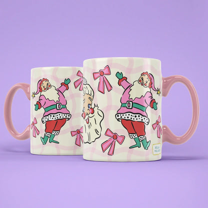 Pink Santa Mug – two mugs showing front and back of the pastel Santa design