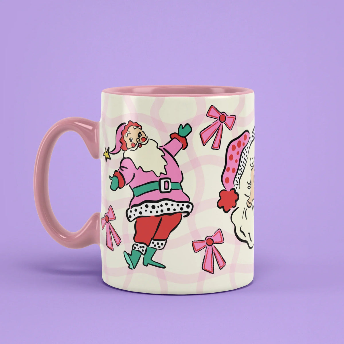 Pink Santa Mug – pastel Christmas cup with pink handle on left