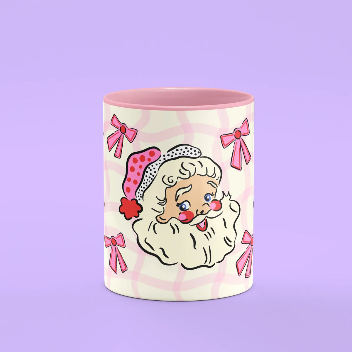 Pink Santa Mug – front view of retro Father Christmas in pink