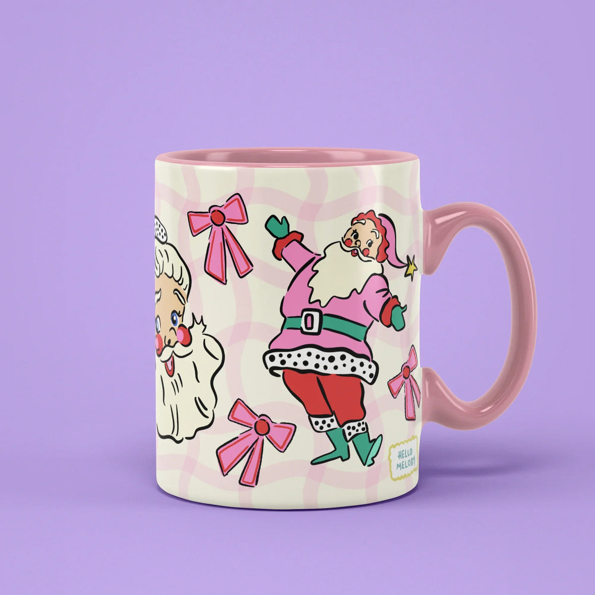 Pink Santa Mug – retro Santa in pink with bows, pink handle on right