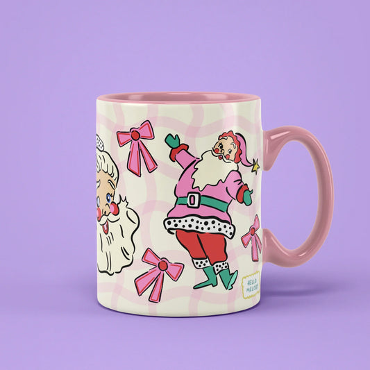 Pink Santa Mug – retro Santa in pink with bows, pink handle on right