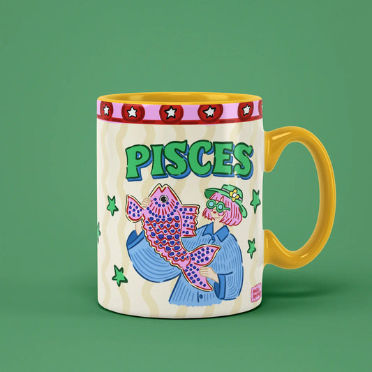 Pisces zodiac mug with a blue-haired figure holding an oversized patterned fish