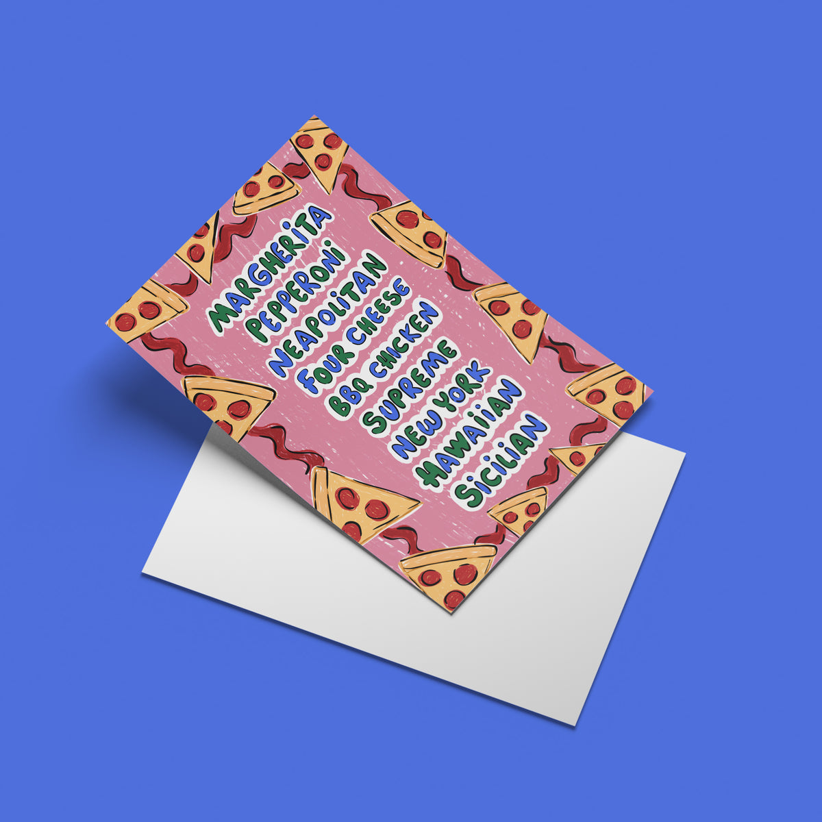 Pizza print – angled mock-up with envelope
