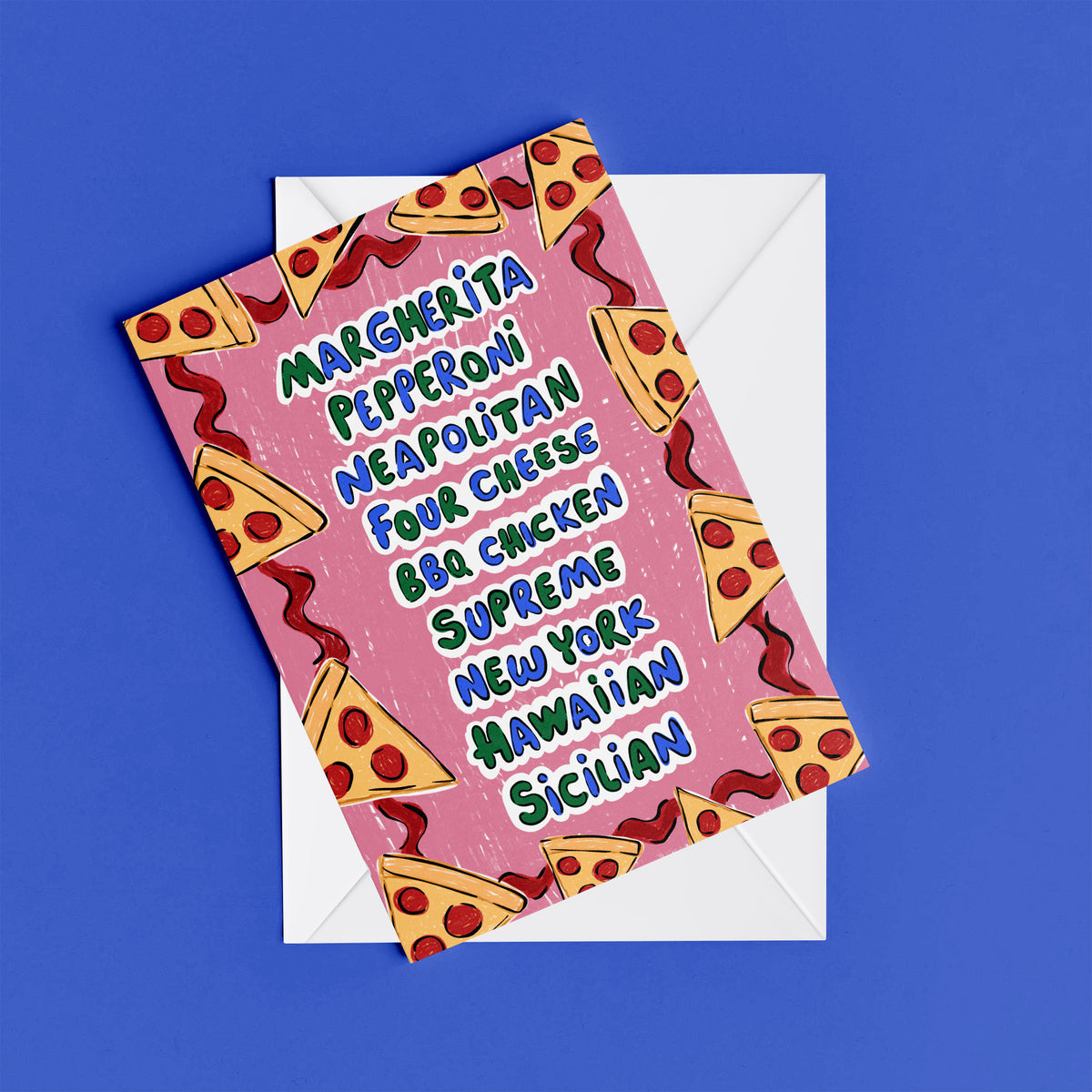 Pizza print – flat lay mock-up showing the colourful illustrated design