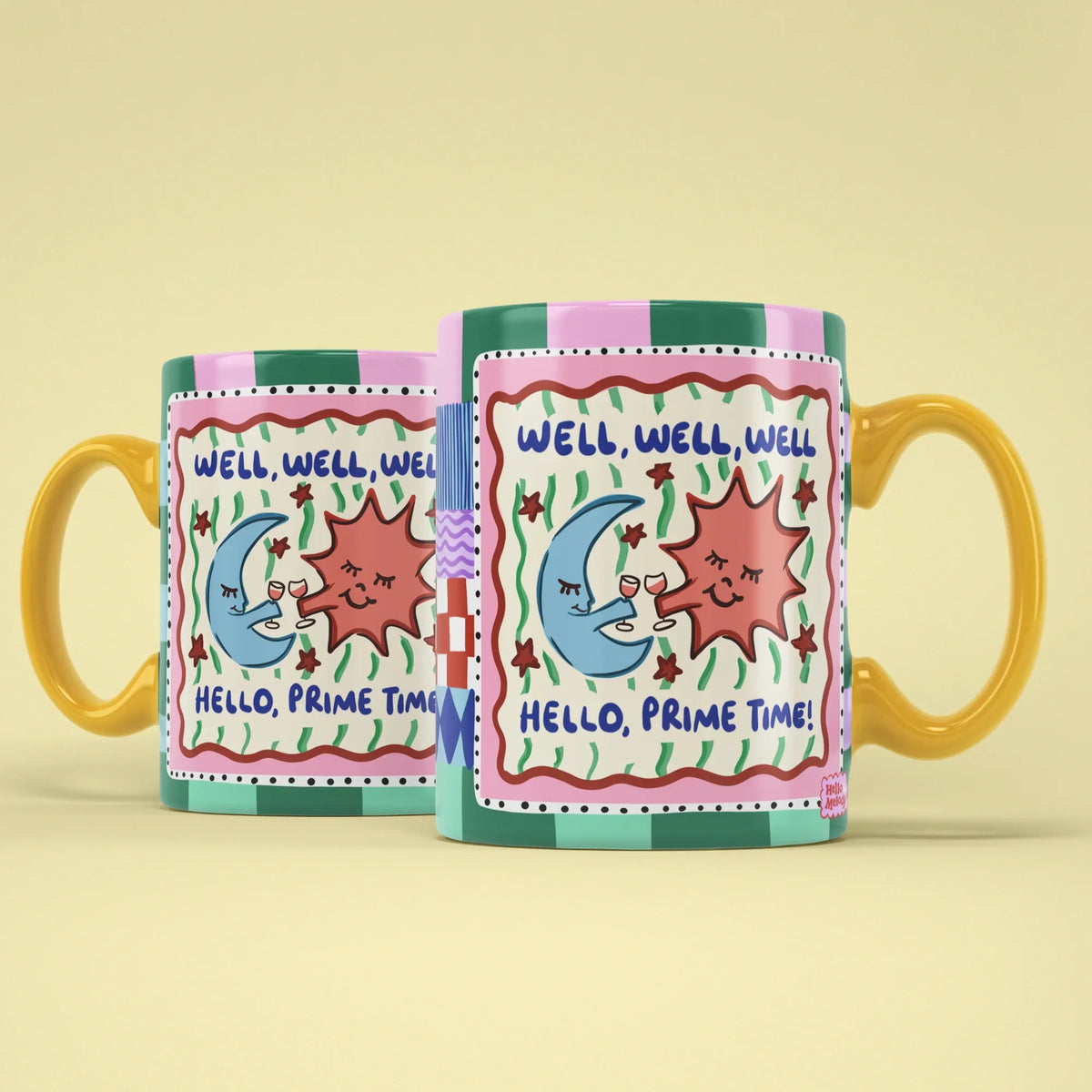 Prime Time Mug – two mugs showing front and back of the sun and moon design