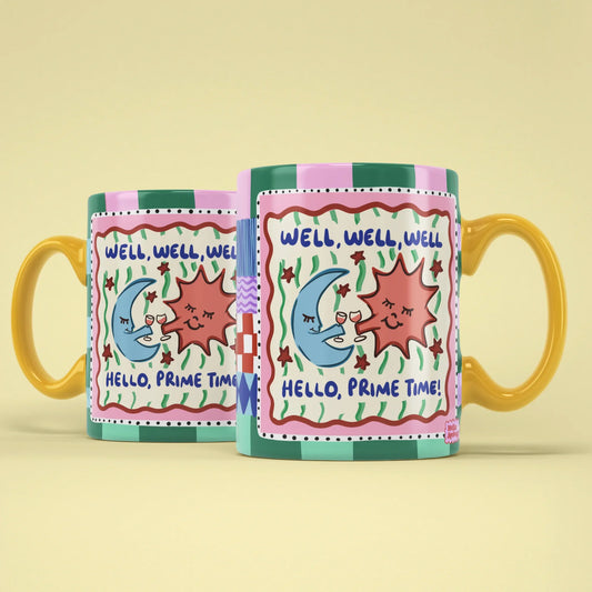 Prime Time Mug – two mugs showing front and back of the sun and moon design