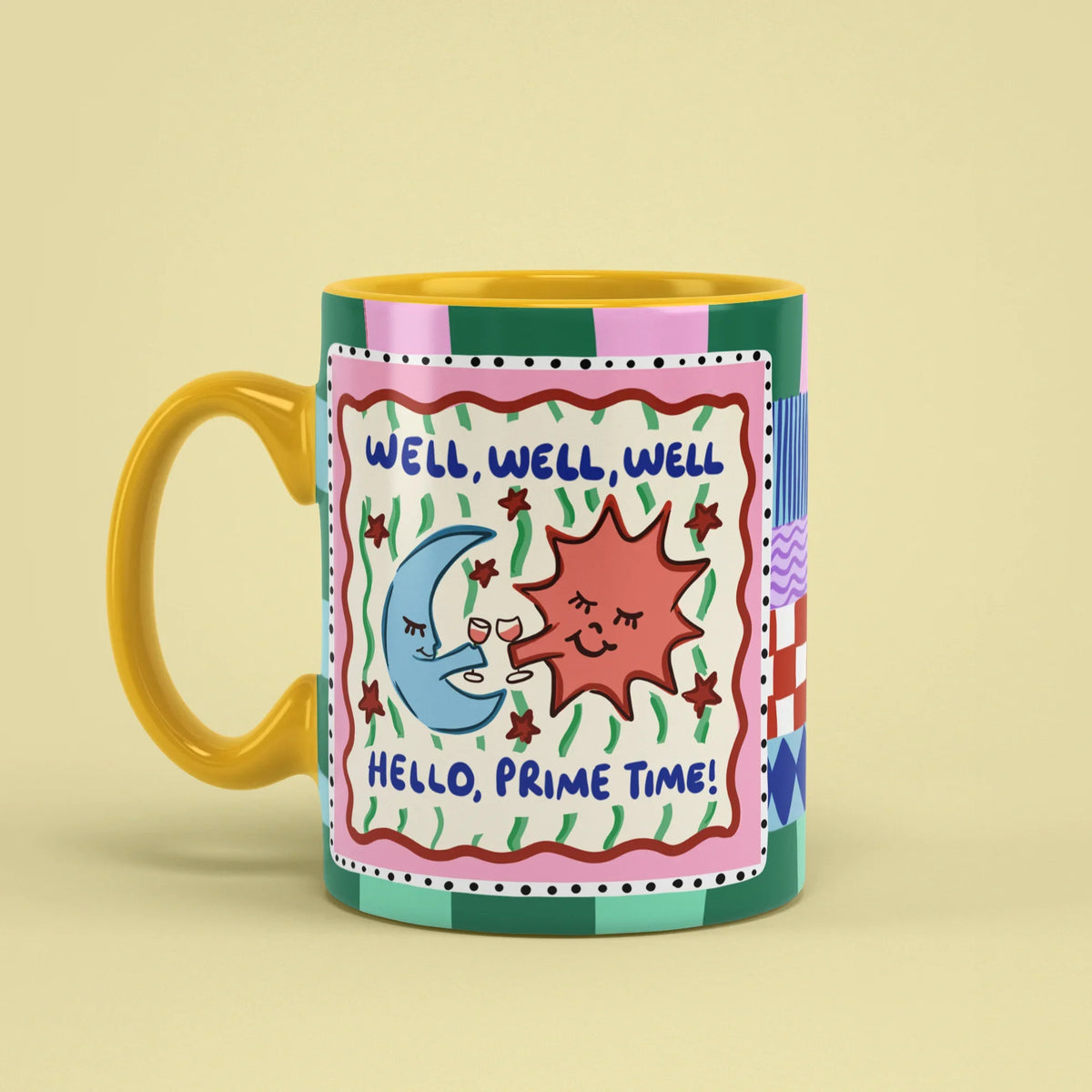Prime Time Mug – retro cup with yellow handle on left