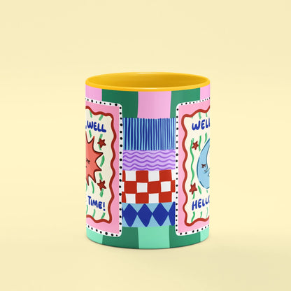 Prime Time Mug – front view of Hello Prime Time moon and sun