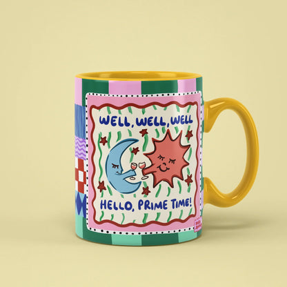 Prime Time Mug – retro sun and moon patches, yellow handle on right