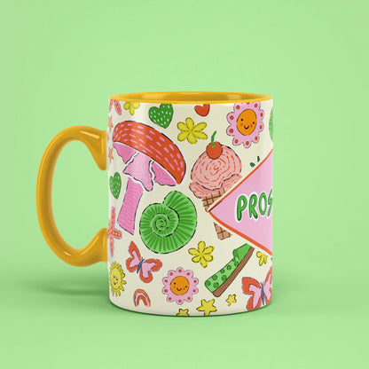Prosecco Mug – celebration cup with yellow handle on left