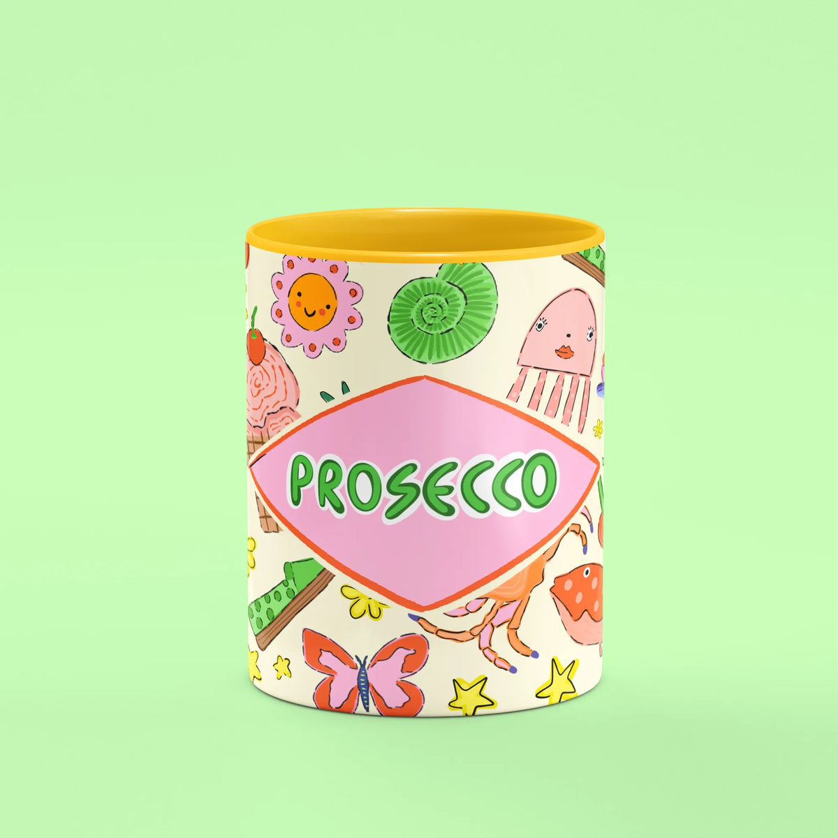 Prosecco Mug – front view of Prosecco lettering with cheerful icons