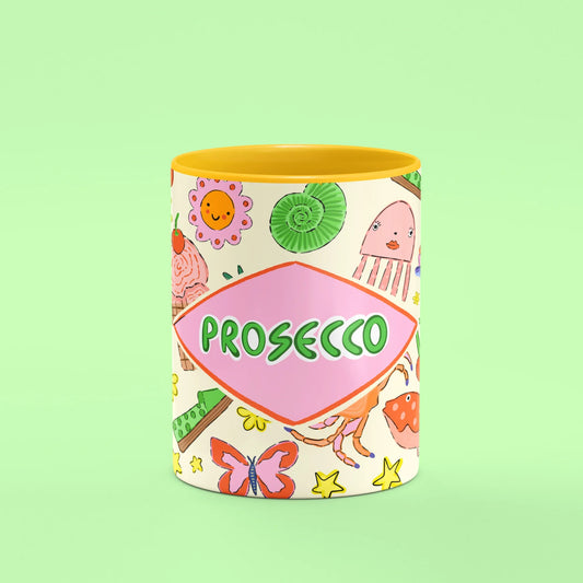 Prosecco Mug – front view of Prosecco lettering with cheerful icons