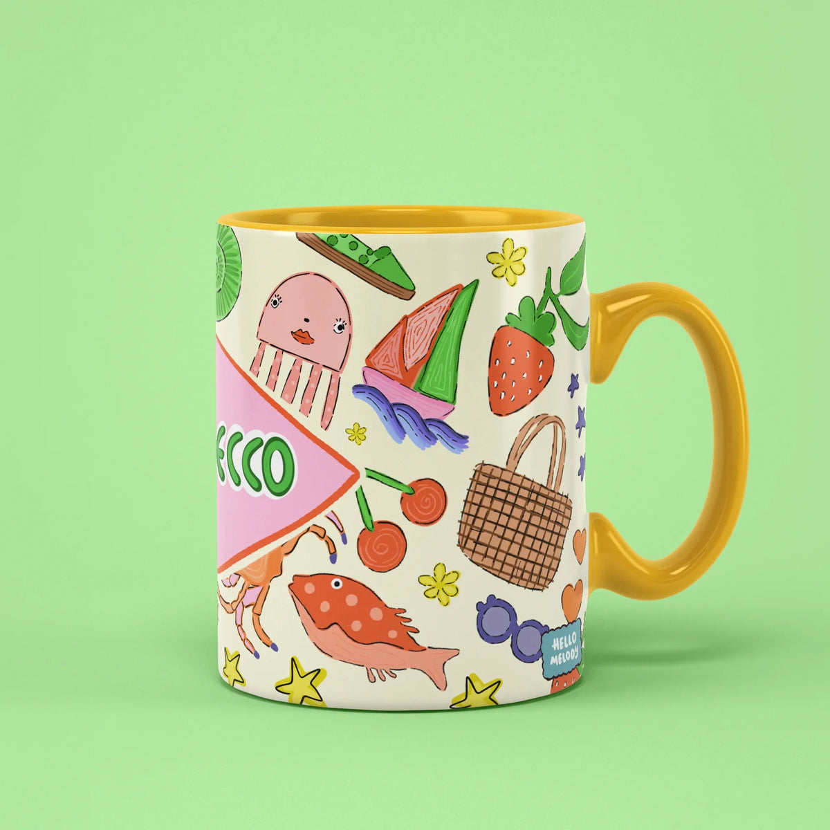 Prosecco Mug – playful food and flower illustrations, yellow handle on right