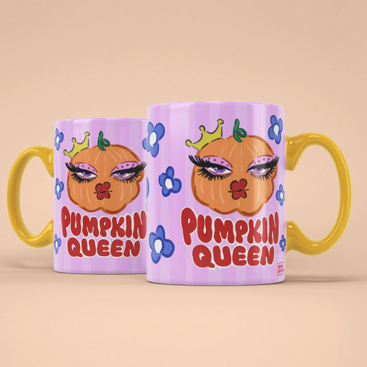 Pumpkin Queen Mug shown from both sides with floral accents