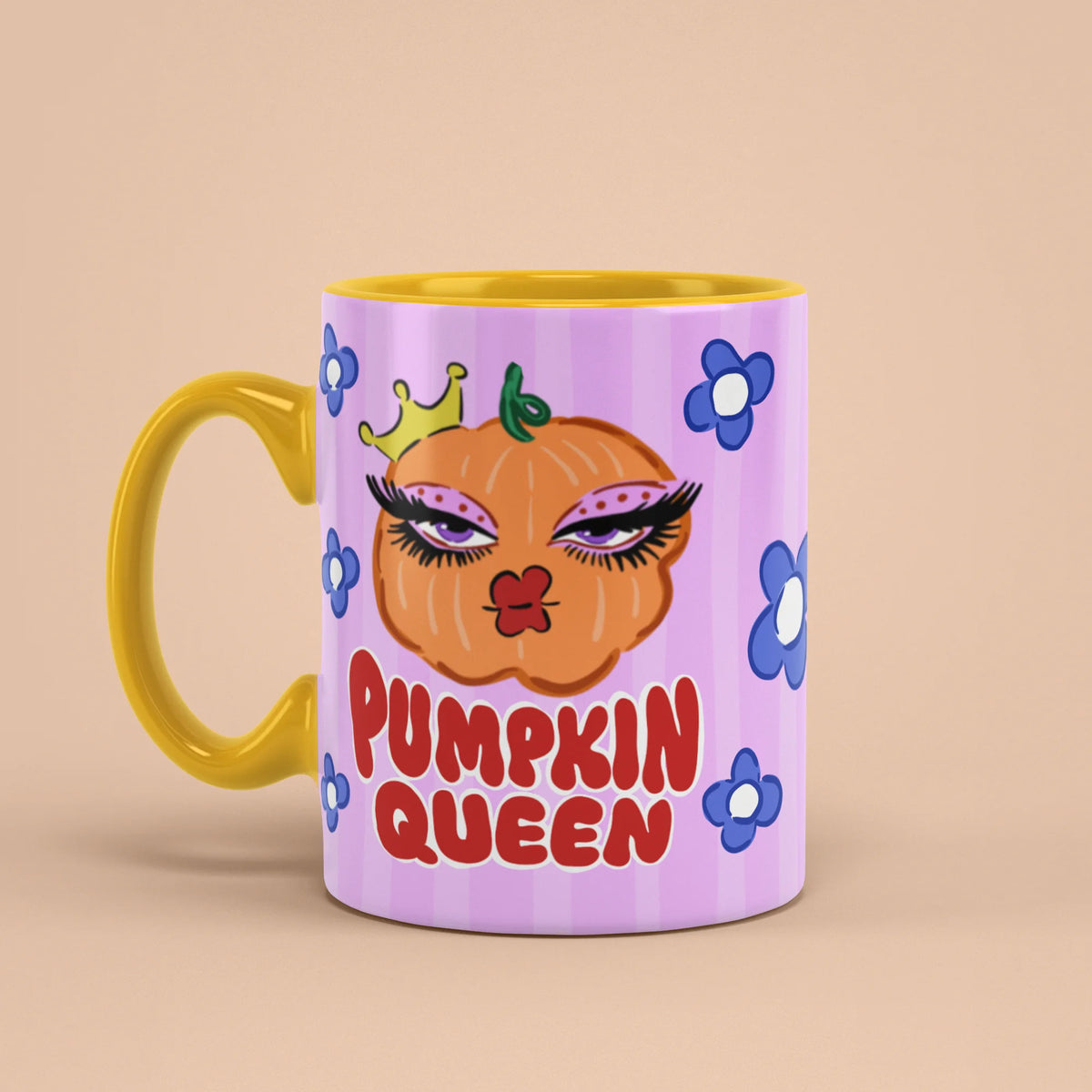 Left view of Pumpkin Queen Mug with yellow handle