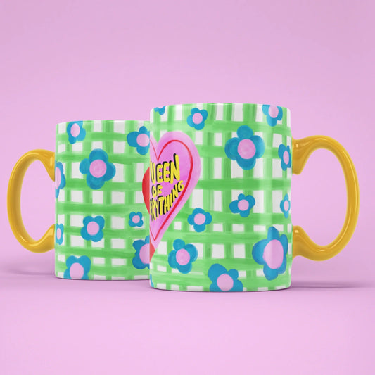 Queen of Everything Mug – two mugs showing the front and back of the gingham design