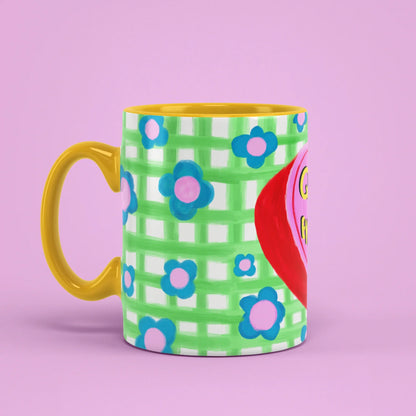 Queen of Everything Mug – blue and pink flower detail, yellow handle on left