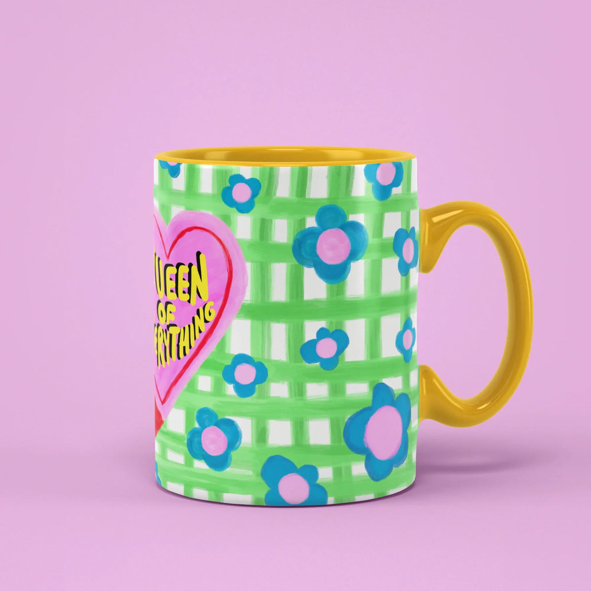 Queen of Everything Mug – red heart on green gingham, yellow handle on right