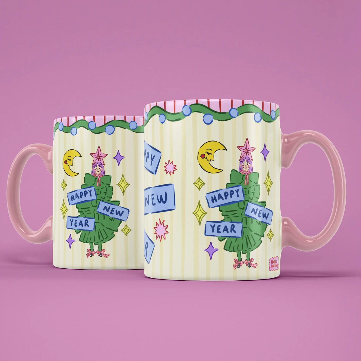 Two Happy New Year mugs showing both sides of the colourful festive design