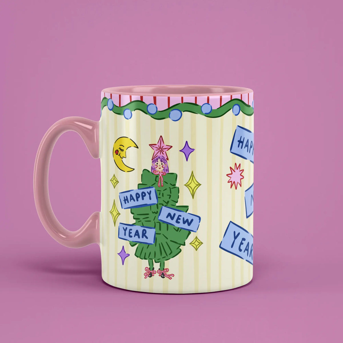 Happy New Year Mug with illustrated figures and a pink handle on the left