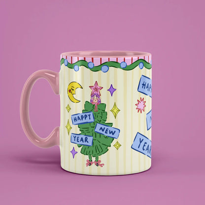 Happy New Year Mug with illustrated figures and a pink handle on the left