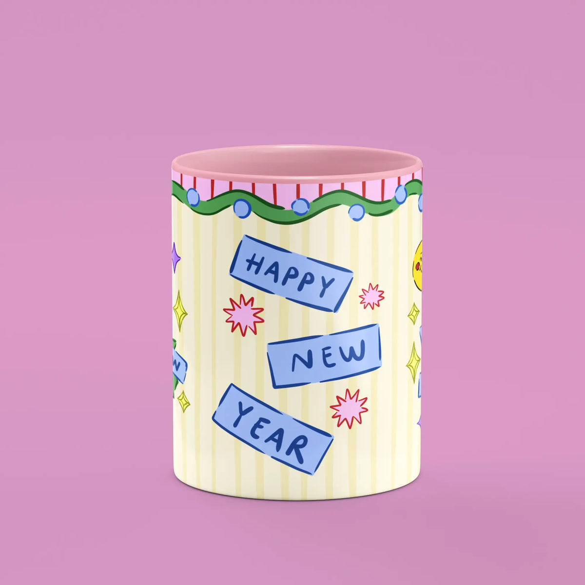 Front view of the Happy New Year Mug showing the New Year banner and festive motifs