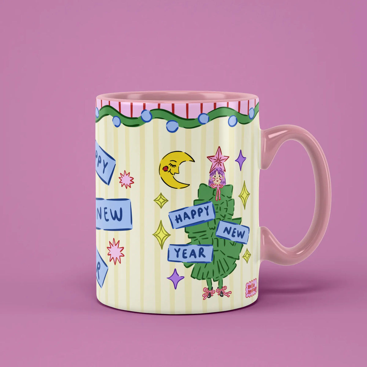 Happy New Year Mug with an illustrated figure, moon motifs and a pink handle
