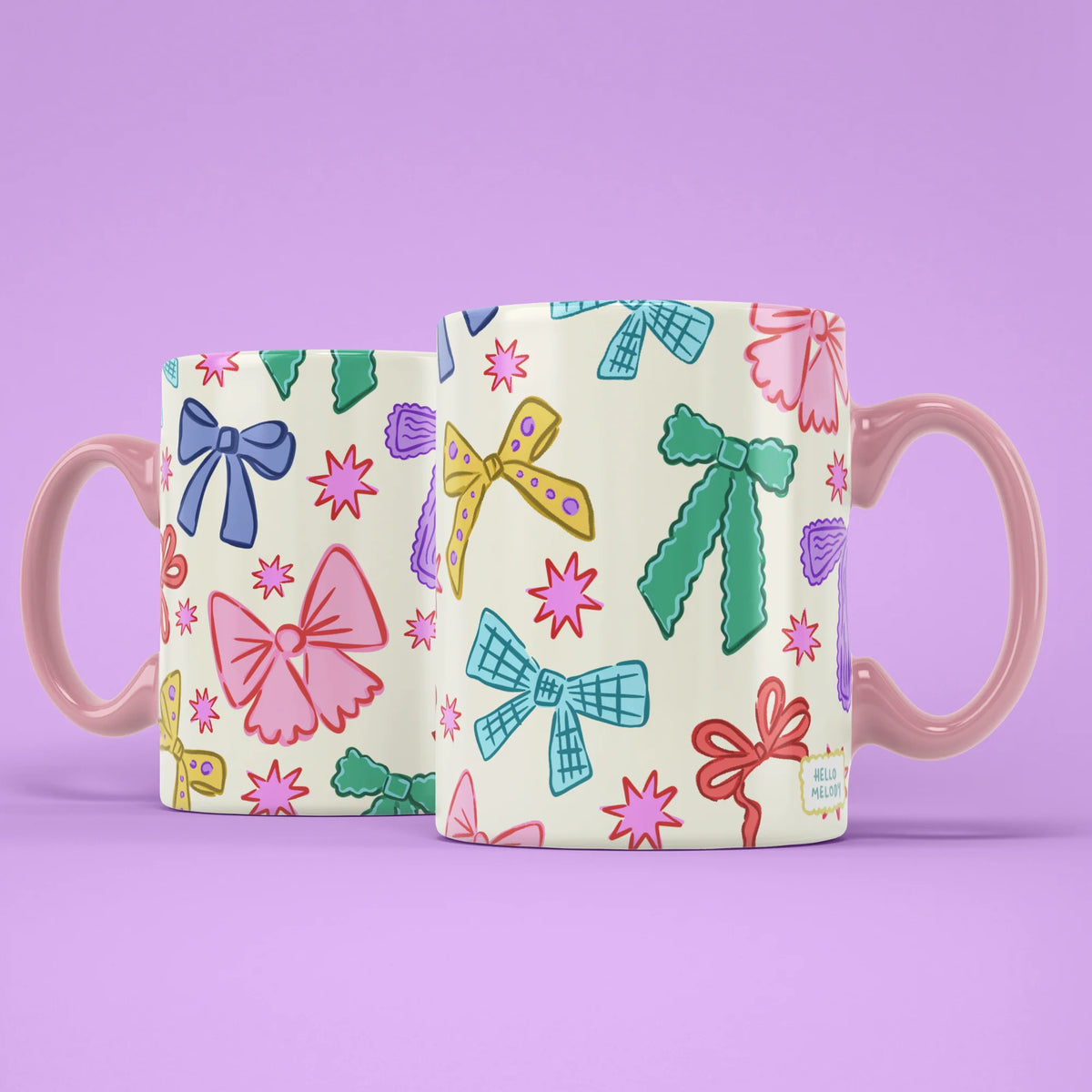 Ribbons Mug shown from both sides with bow pattern