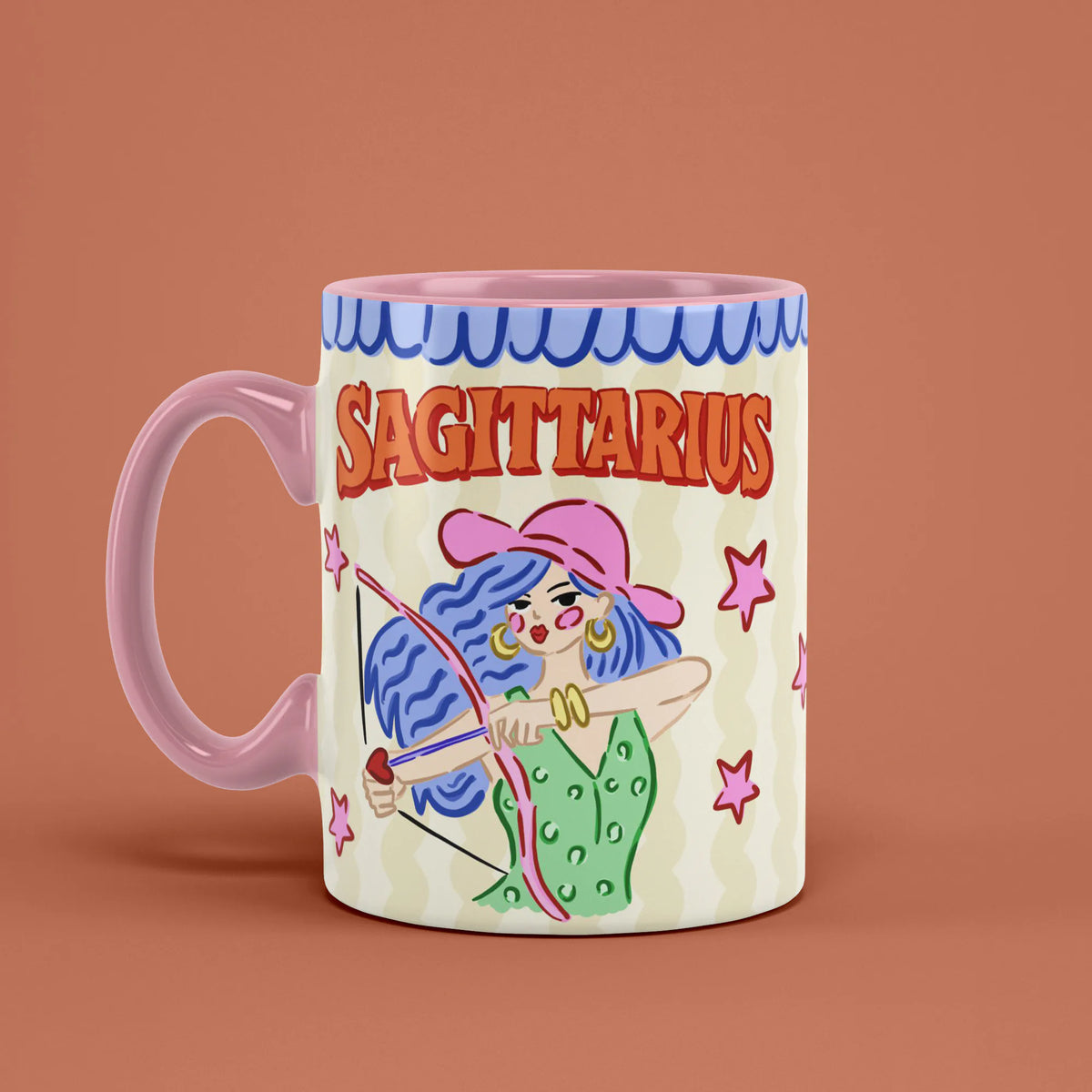 Sagittarius astrology mug angled left with pink stars and archer artwork