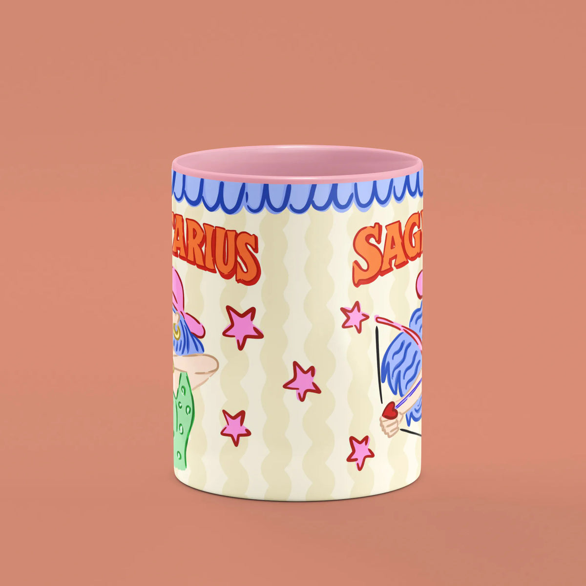 Sagittarius mug reverse view showing pink stars and archer artwork and pink handle
